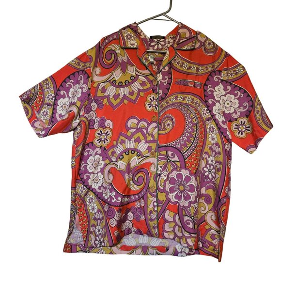 Entro 60s Inspired Groovy Floral Paisley Red Button-Up Short-Sleeve Shirt Sz L - Picture 3 of 12